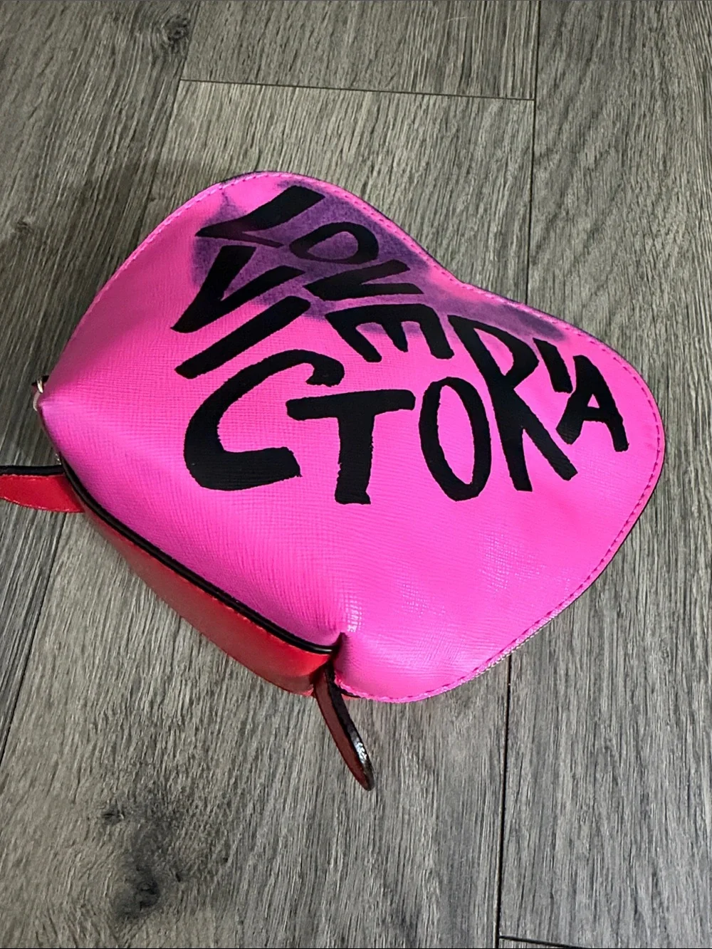 Victoria's Secret Hot Pink Heart Cosmetic Pouch with Black Graphic NEW
